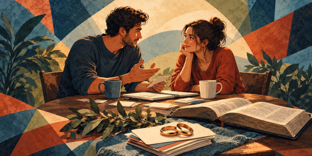 Engaged couple talking over coffee at a table with question cards, a Bible, and wedding rings