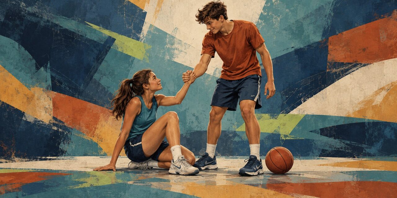 A teen athlete helping a teammate up off the court