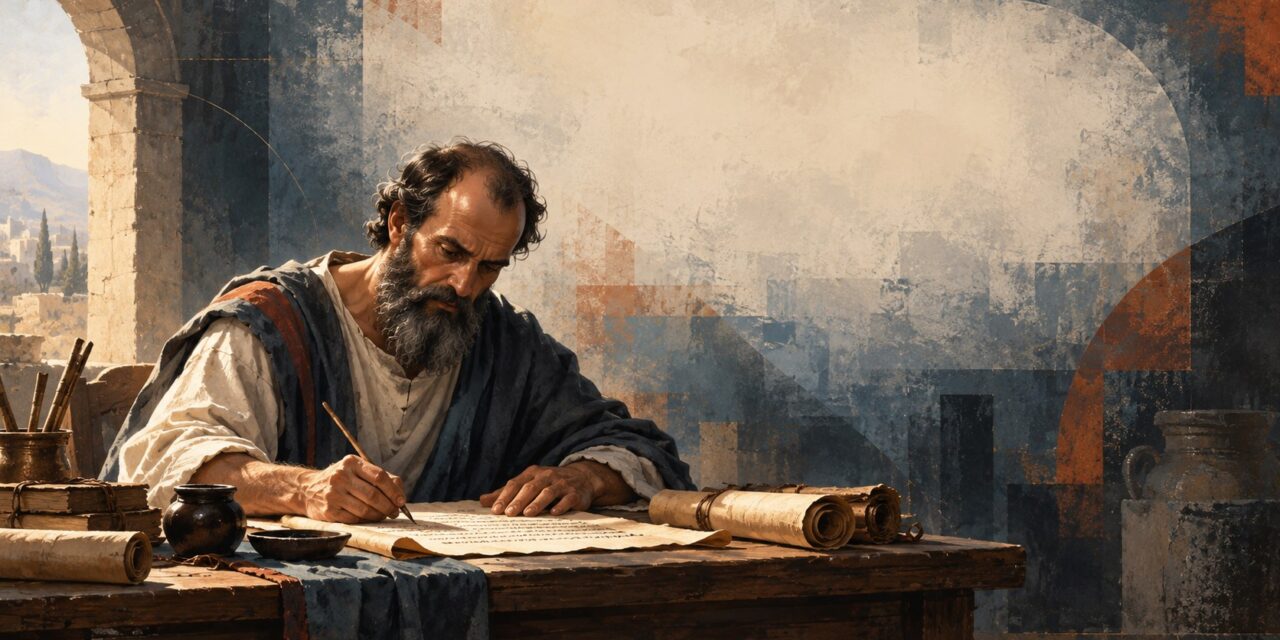 The apostle Paul writing a letter on a scroll