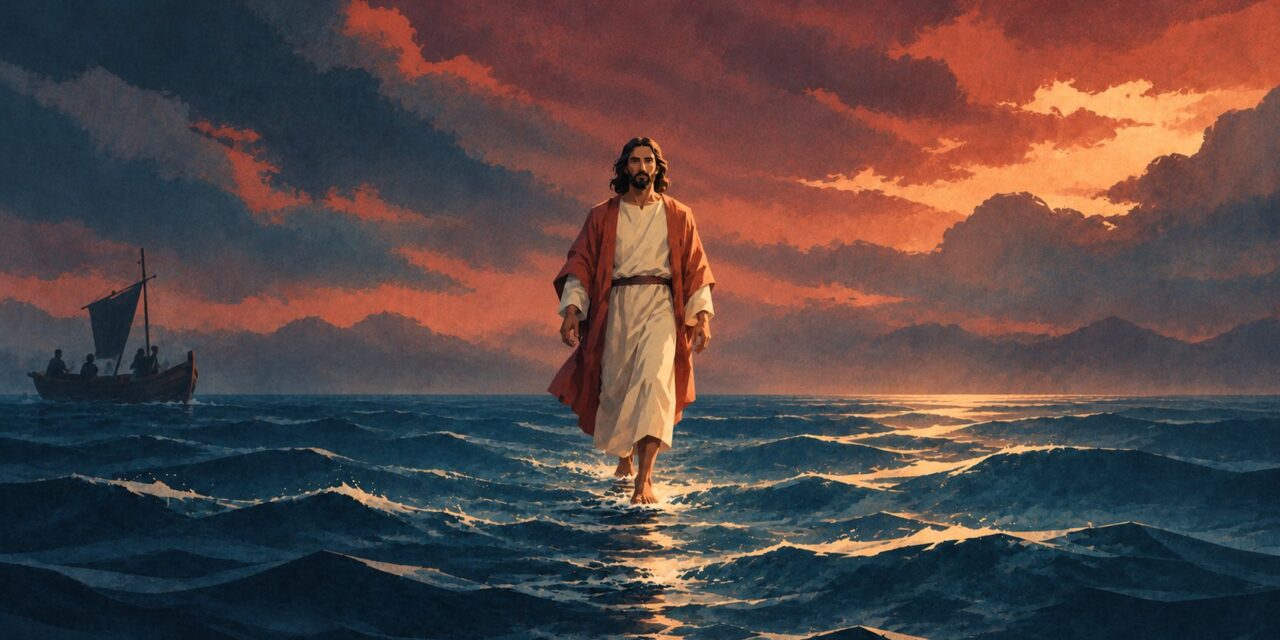Jesus walking on stormy water toward a fishing boat under a red sunset sky