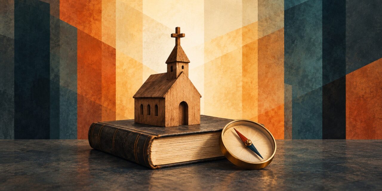 Small wooden church on a Bible beside a compass