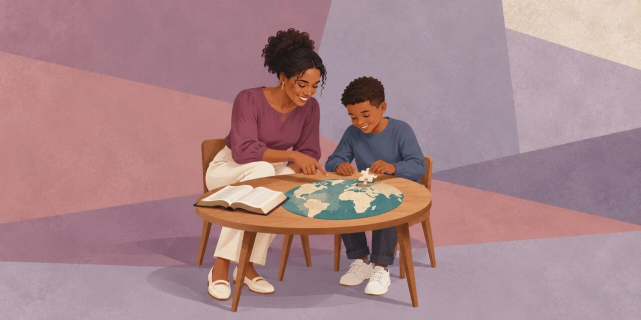 A mother and son build a world map puzzle together beside an open Bible