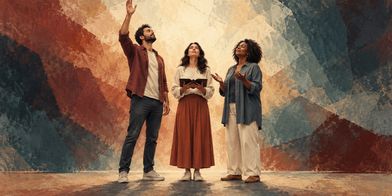 Three people worshiping with raised hands and an open Bible