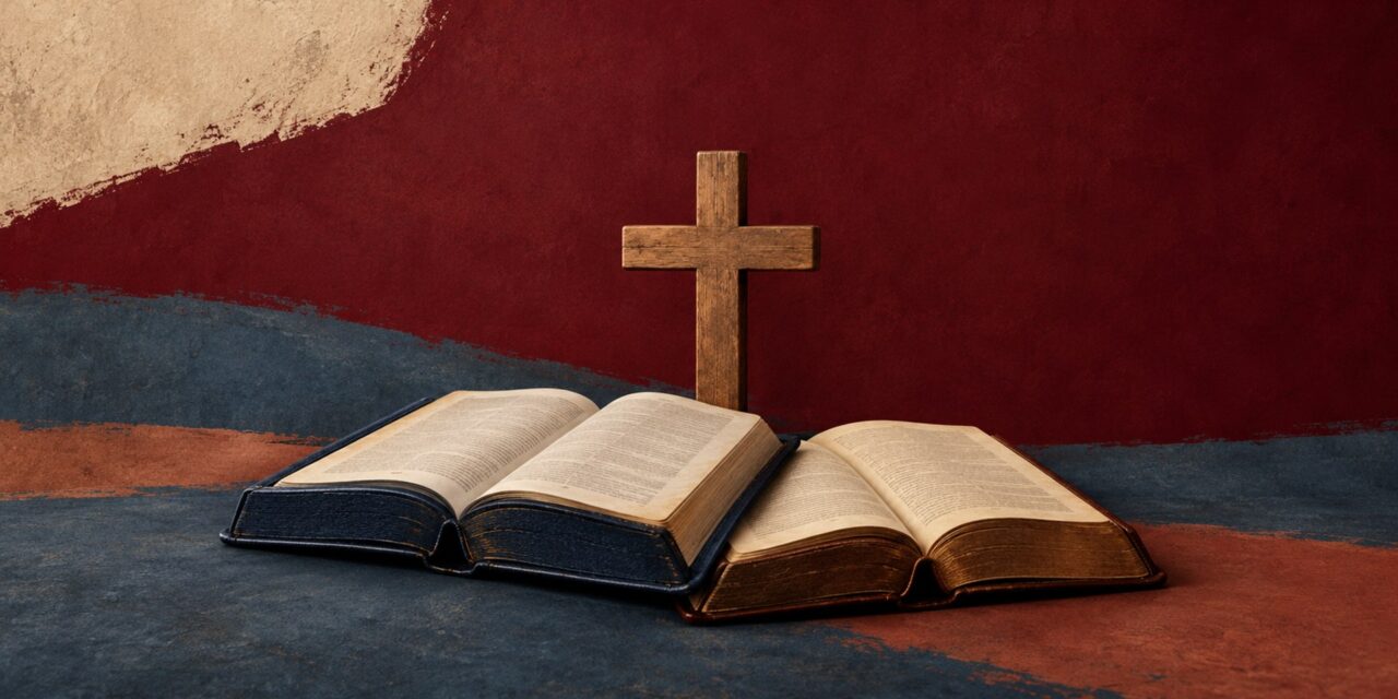 Two open books side by side in front of a wooden cross on a red and blue painted background
