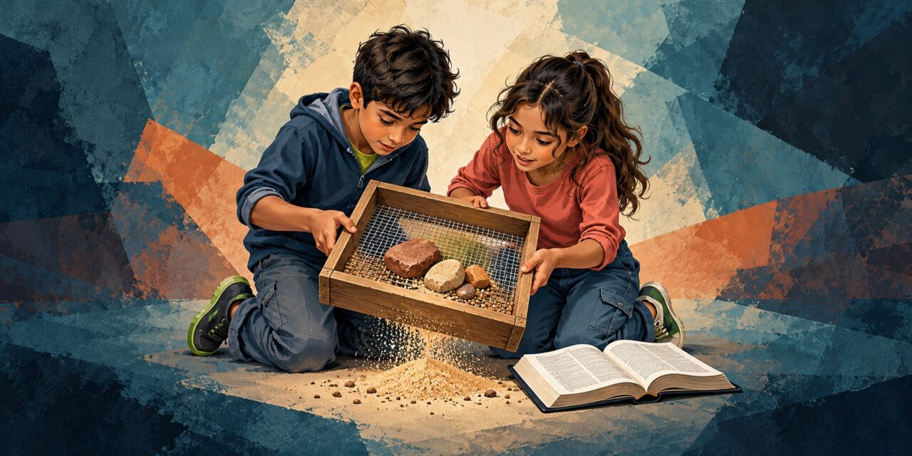 Two kids sifting rocks from sand next to an open Bible