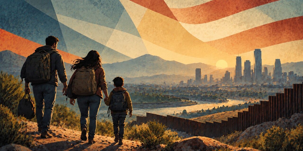 A family with backpacks walking toward a city at sunrise beside a border fence, with flag-like stripes in the sky