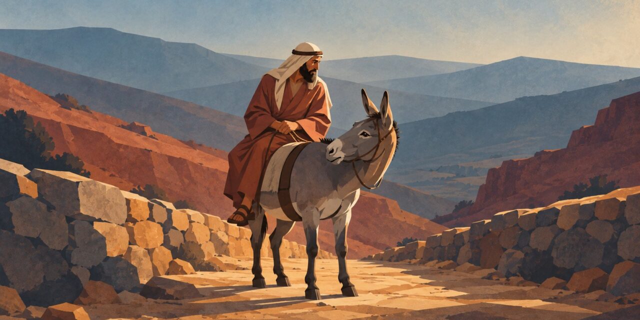 A man riding a donkey along a rocky road through desert hills