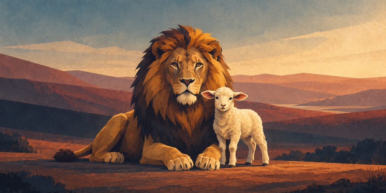 Jesus Unveiled in Revelation series: a lion and a lamb together on a hillside