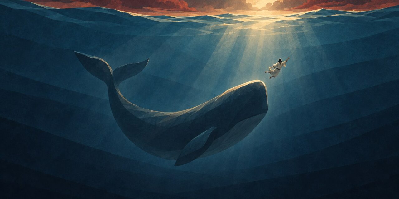 Jonah series: Jonah reaching toward the light above a great fish underwater