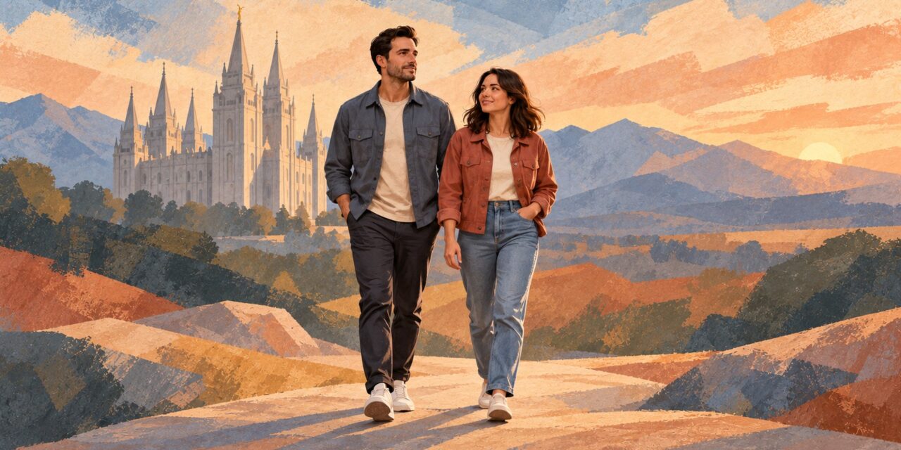 A couple walking together through mountains away from a distant temple
