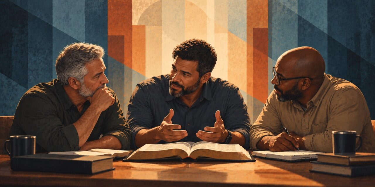 Three church leaders discussing the Bible around a table