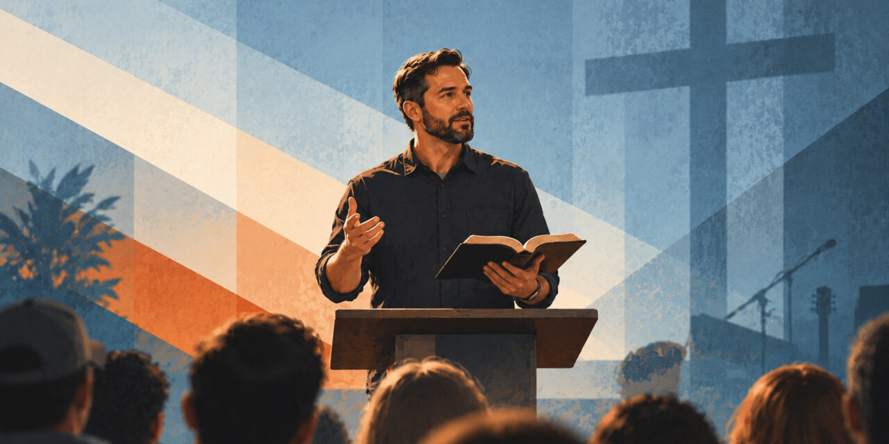 A pastor preaching from a pulpit with an open Bible