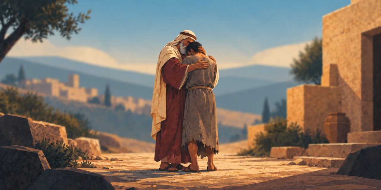 A father embracing his ragged, returning son outside a stone house