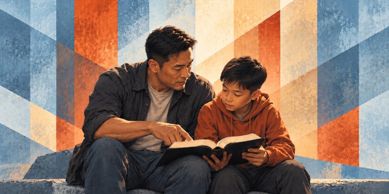 A father and son reading the Bible together