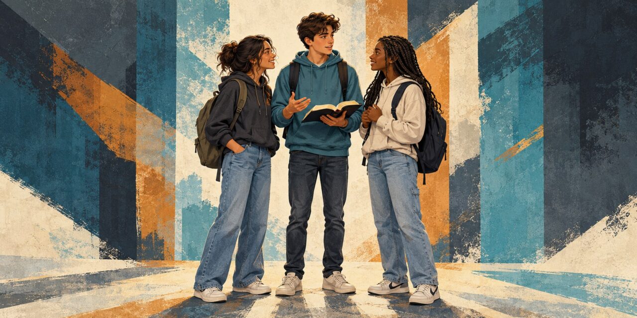 Three teenagers talking together over an open Bible