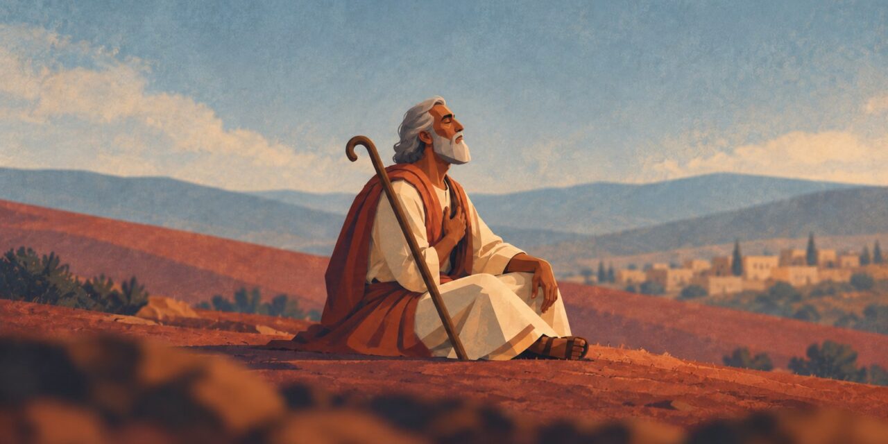 Shema series: Moses praying on a hillside above a town