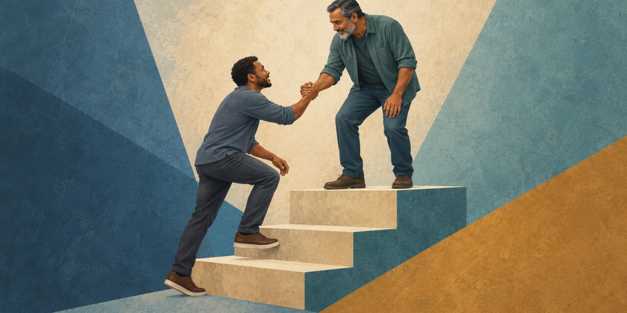 An older man reaching down to help a younger man climb a set of stairs