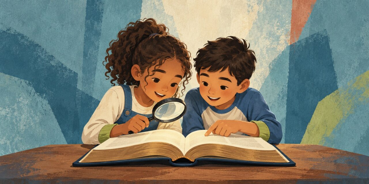 Two kids reading a Bible together with a magnifying glass