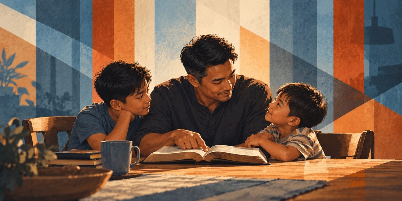 A father reading the Bible with his two sons at the kitchen table