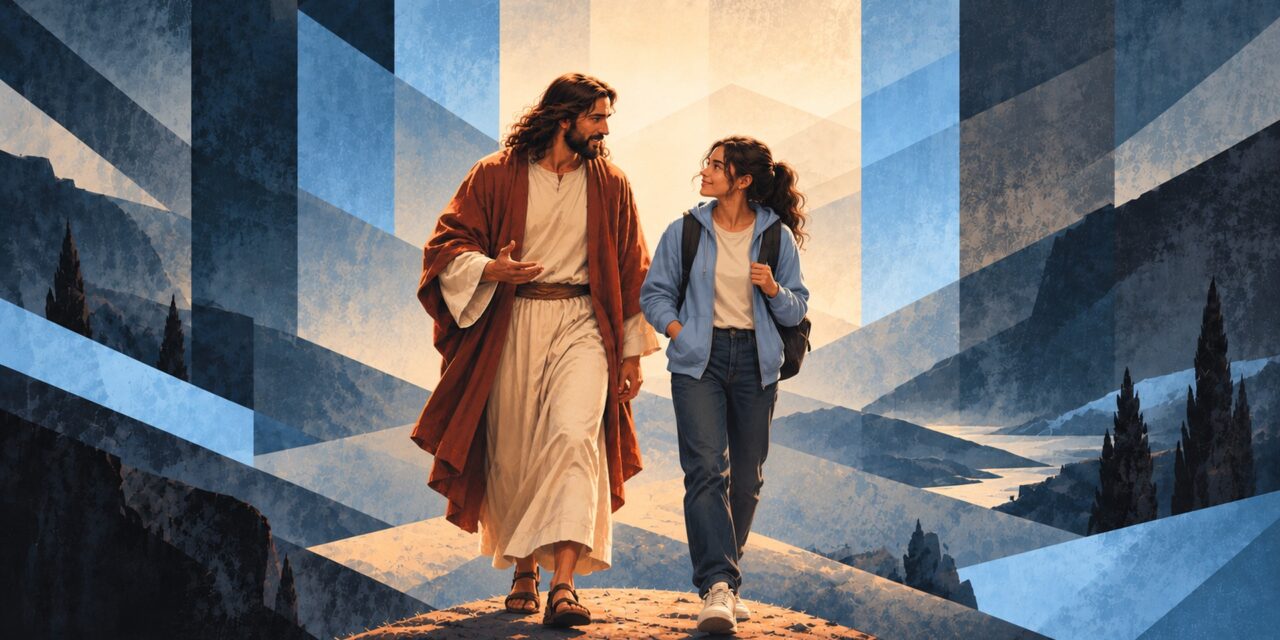Jesus walking alongside a student on a mountain path