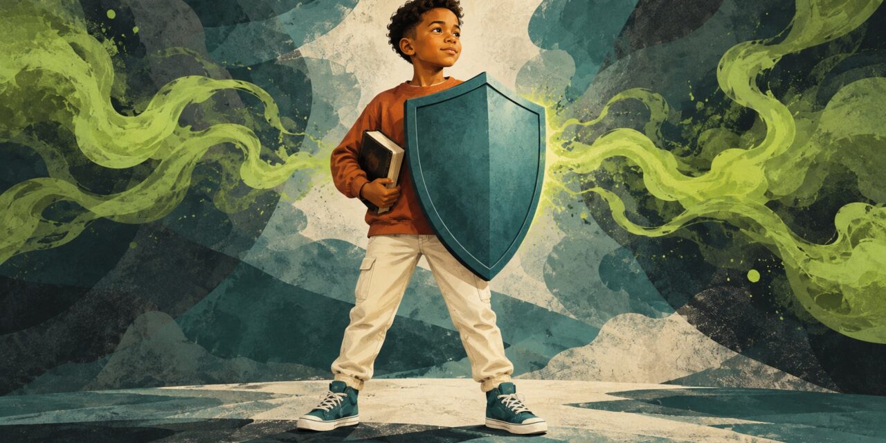 A boy holding a Bible and a shield that blocks green poison clouds
