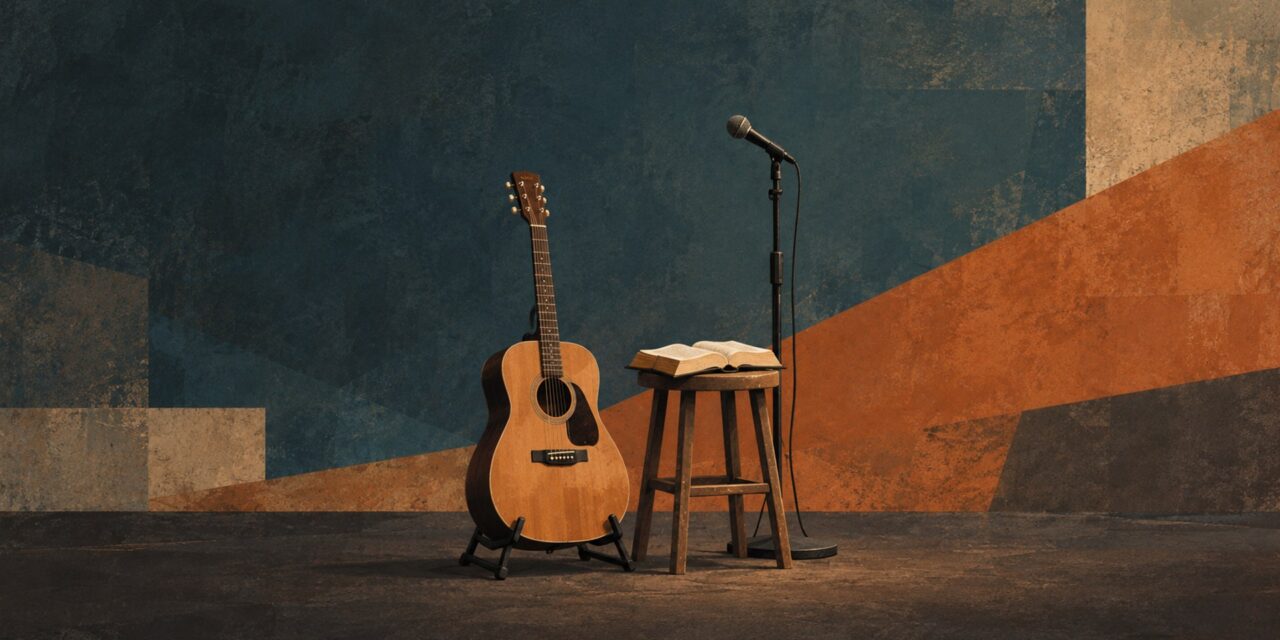 Acoustic guitar on a stand beside a stool with an open Bible and a microphone on a stage