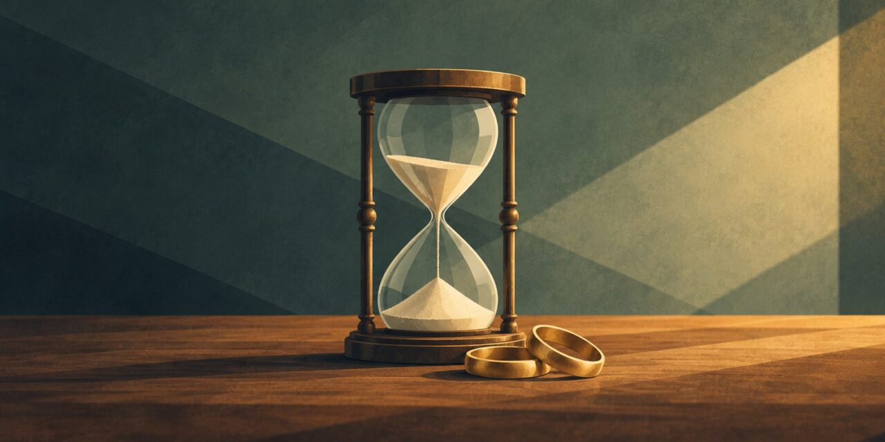 Worth the Wait series: an hourglass beside two wedding rings
