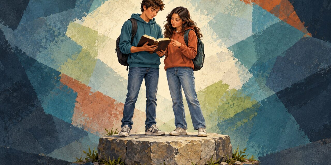 Two teens standing on a stone foundation reading a Bible
