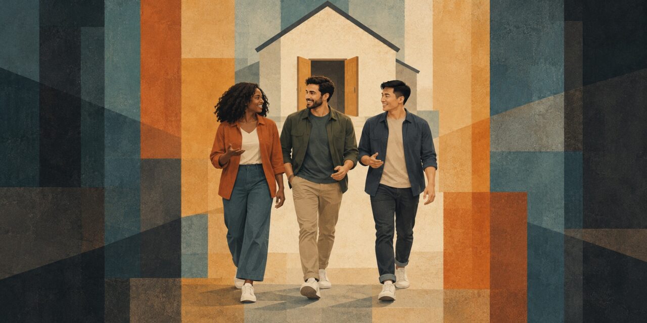 Three friends walking out of an open church building together, The Church Has Left the Building series artwork