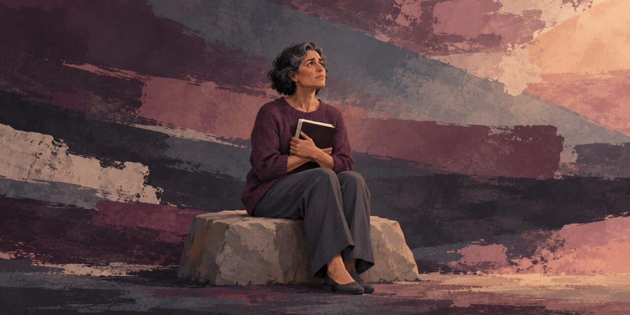 Illustration of a woman sitting on a rock holding a Bible close and looking upward against a textured purple sky