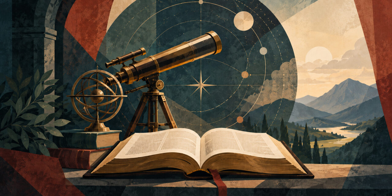 Open Bible beneath a brass telescope and armillary sphere with a starry sky and mountain landscape, representing faith and reason