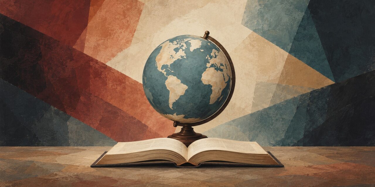 Globe resting on an open Bible against a textured red, cream and blue background