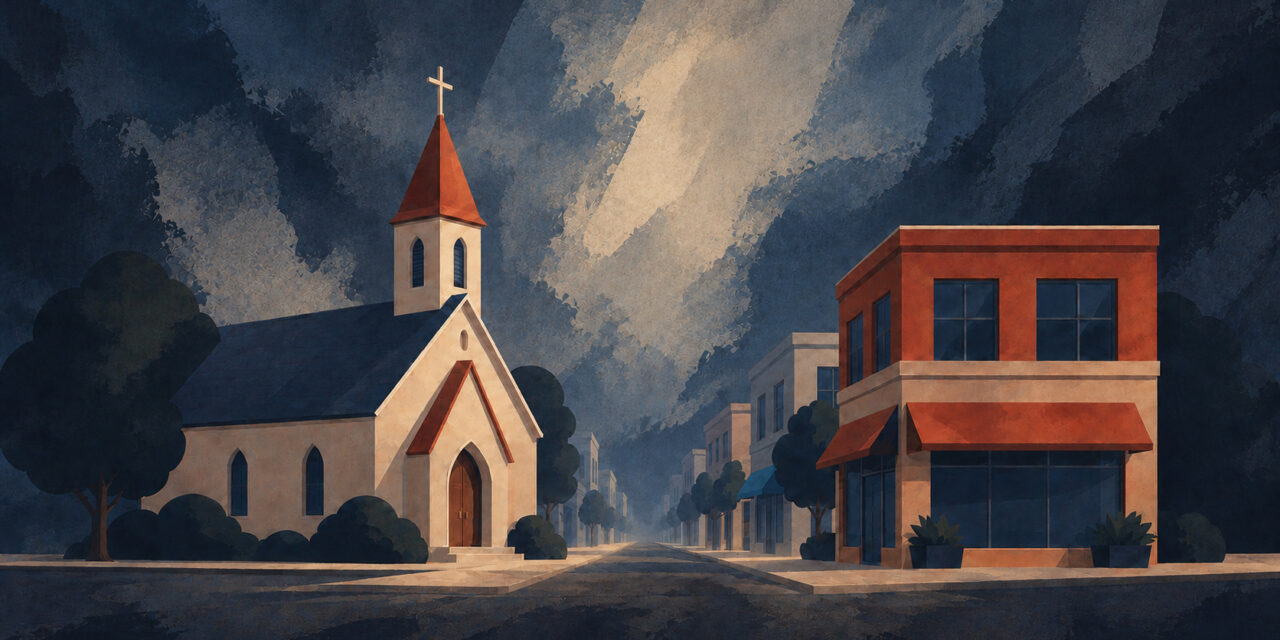 A white church with a red steeple across the street from a brick storefront under a stormy sky