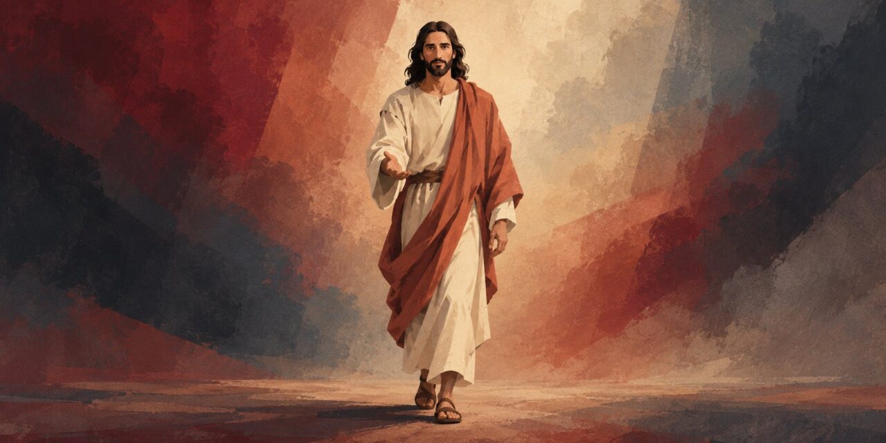 Jesus walking forward with an outstretched hand