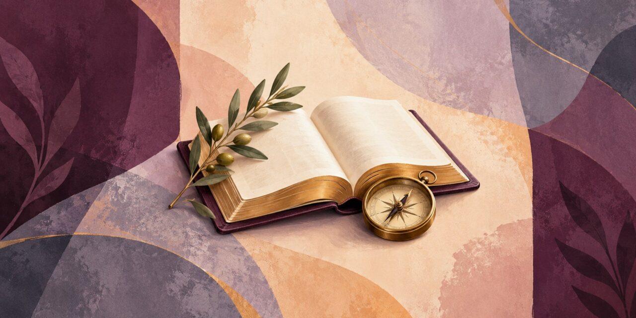 Open Bible with an olive sprig and a brass compass on a textured plum and peach background