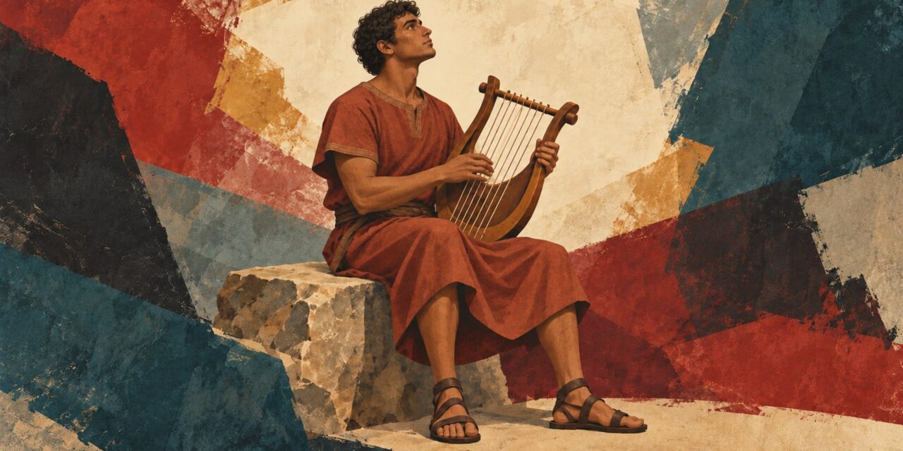 Young David sitting on a rock playing a lyre