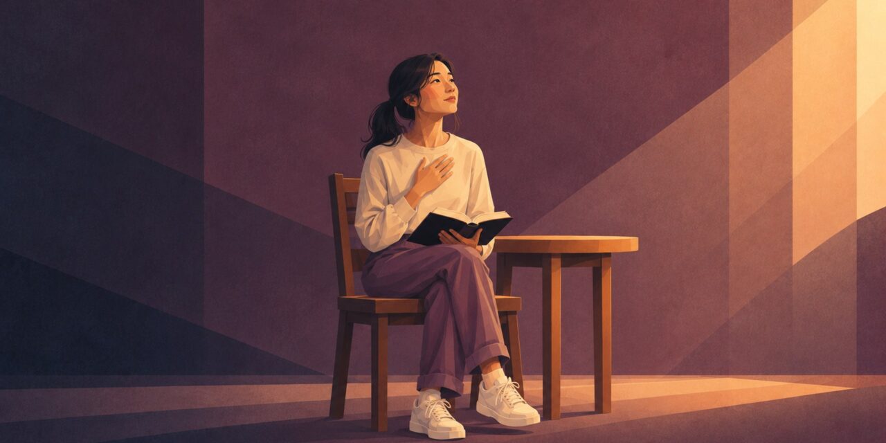 A teen girl sitting with an open Bible, hand on her heart