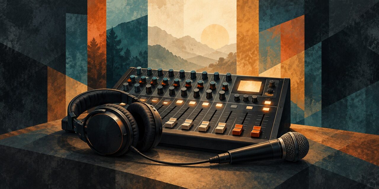 Sound mixing board with headphones and a microphone