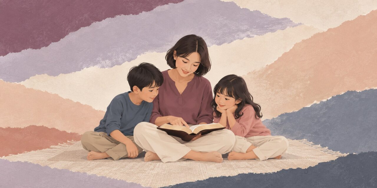 A mother sitting on a rug reading an open Bible with her son and daughter