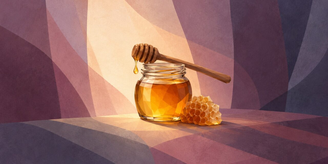 Illustration of a honey jar with a dripping wooden dipper and honeycomb in soft light