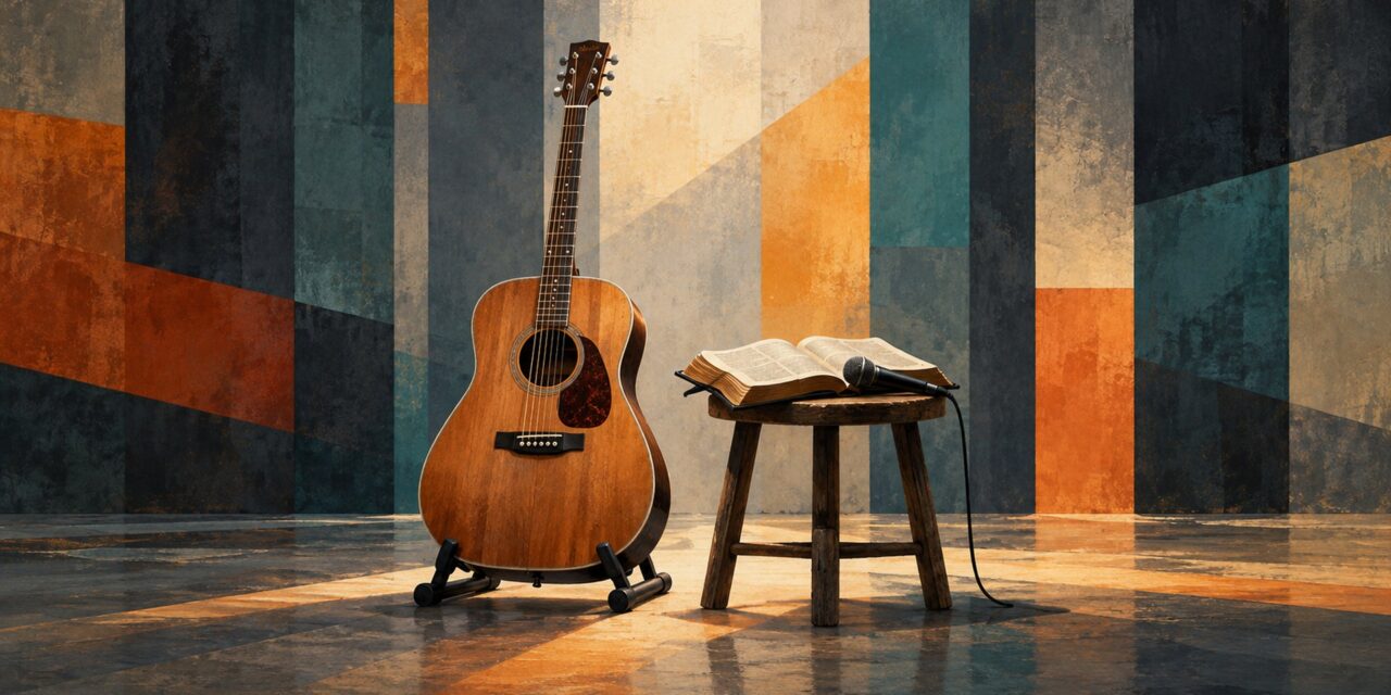 Acoustic guitar beside a stool with an open Bible and microphone